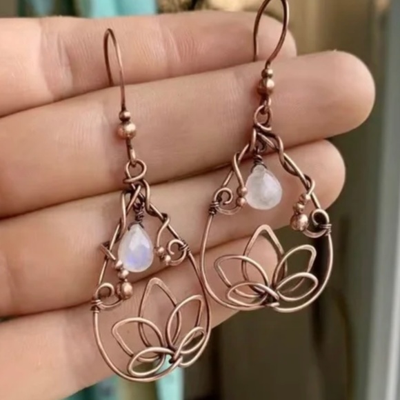 Lotus Flower Wire Boho Teardrop Hoop Drop Pierced Earrings - Picture 2 of 2